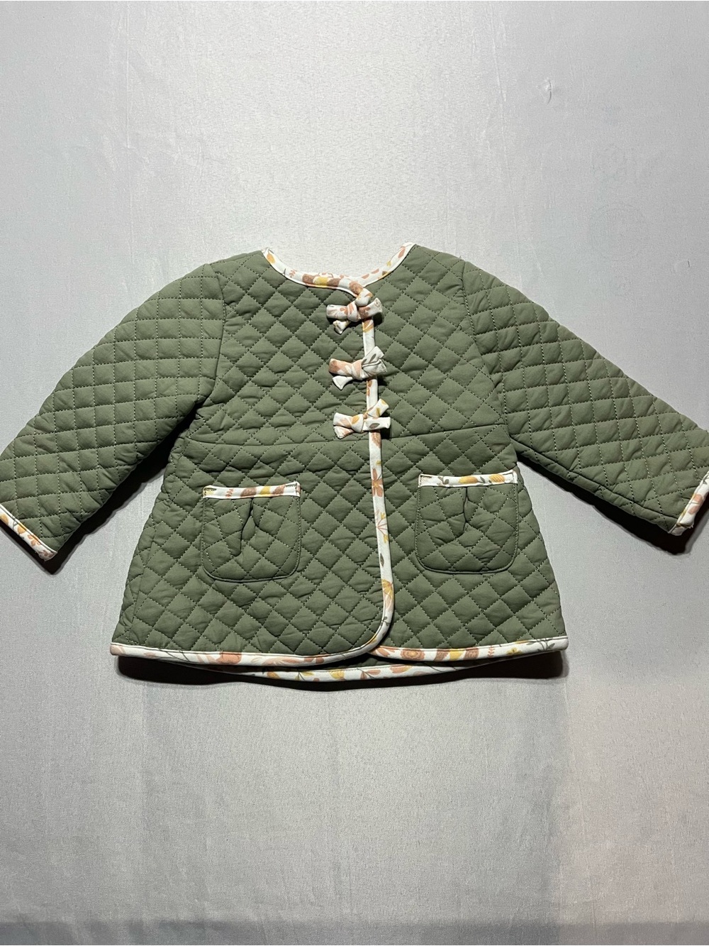 Max Studio Baby 6-9M Quilted Long Sleeve Jacket in Olive Green with Floral Trim